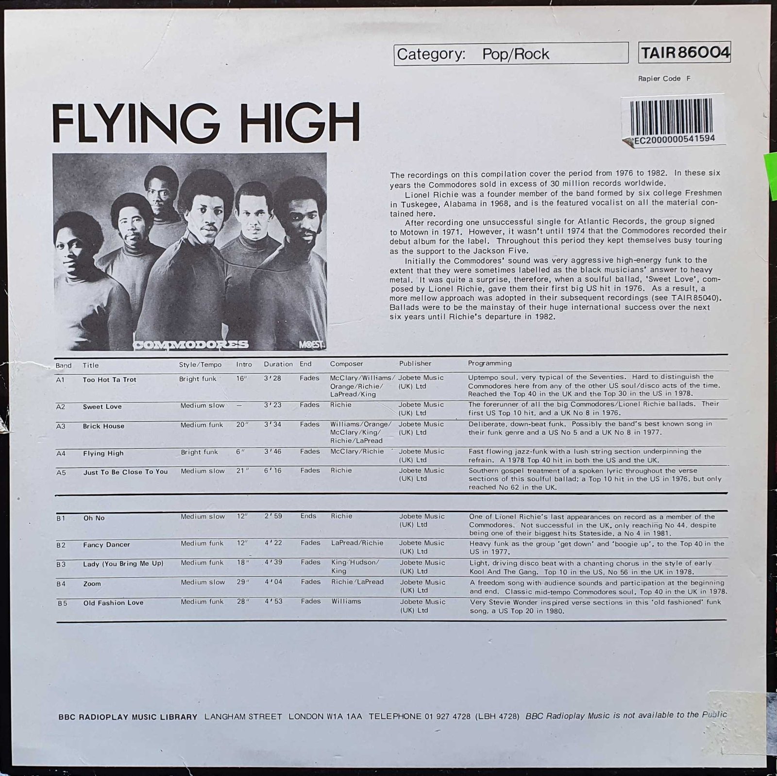 Picture of TAIR 86004 Flying high by artist Commodores from the BBC records and Tapes library